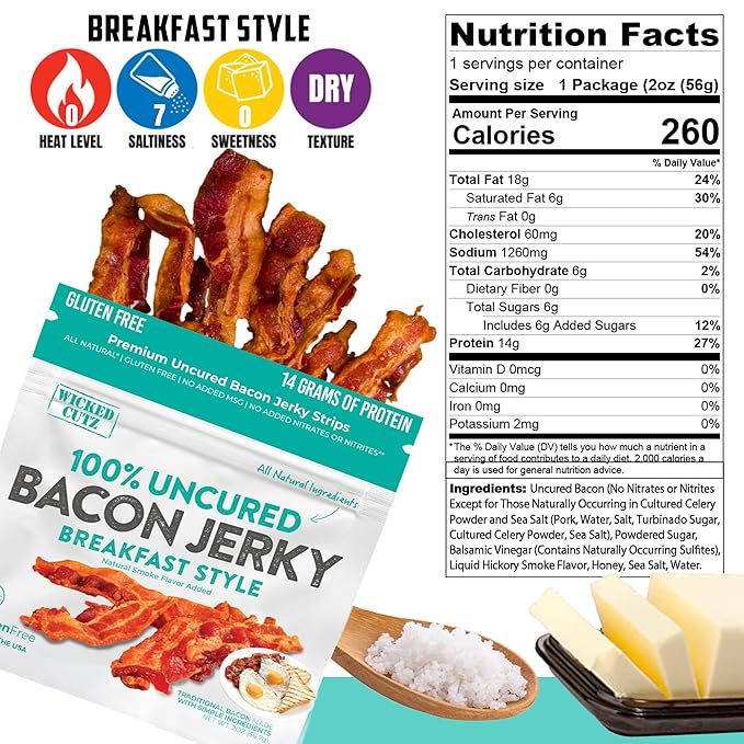 Breakfast Style Bacon Jerky, 14g Protein Per Bag, Tender & Easy to Chew Fully Cooked Bacon, USA Made, High Protein Carnivore Snacks (2 Bags)