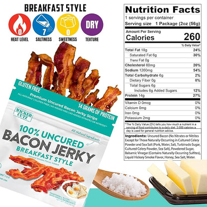 Breakfast Style Bacon Jerky, 14g Protein Per Bag, Tender & Easy to Chew Fully Cooked Bacon, USA Made, High Protein Carnivore Snacks (2 Bags)