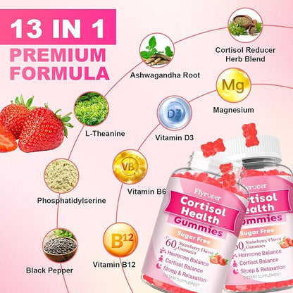 2 Pack Cortisol Supplements for Women & Men, 13 in 1 Cortisol Detox, Cortisol Manager Reducer with Ashwagandha, L-Theanine, Cortisol Balance Gummies-Hormone Balance, Focus, Calm, zzZ,Strawberry Flavor