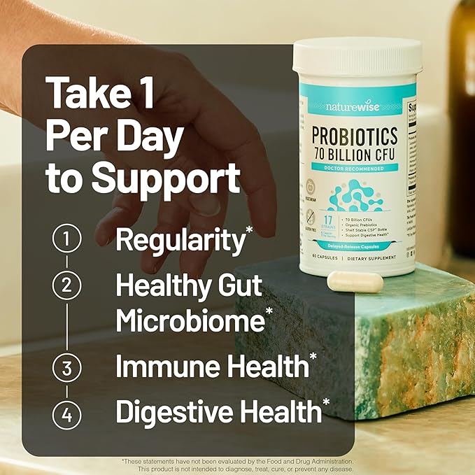 NatureWise Probiotics 70 Billion CFU - 17 Strains + Organic Prebiotics - Immune, Digestive & Gut Health Support for Women & Men - Vegetarian, Gluten-Free, Non-GMO - 30 Capsules[1-Month Supply]