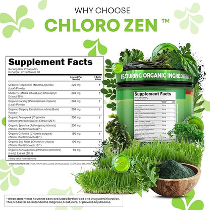 Clean Nutra Chlorophyll Capsules + Peppermint Slippery Elm Spirulina Chlorella Fenugreek Ashwagandha Sea Moss Supplement – Ph Balance for Women Detox Internal Deodorant Supplement + Prebiotics 60 Ct
