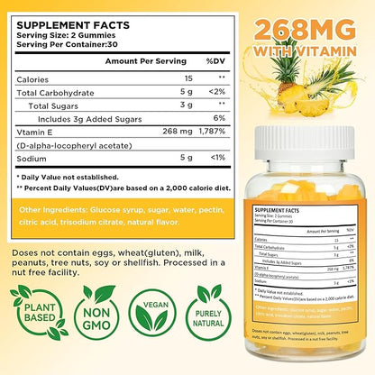 Aromlife Vitamin E 400 IU Gummies for Immune, 268mg Per Serving Vitamin E Gummies for Women and Men Skin Glow & Cell Wellness, 60 Count Pineapple Flavor Sugar-Free Gluten-Free