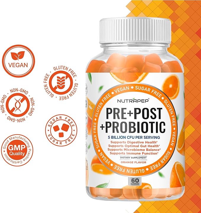 NutraPep Prebiotic Probiotic & Postbiotic Gummies for Women Men & Kids Children - High Potency 5 Billion CFU - Sugar-Free & Gluten Free