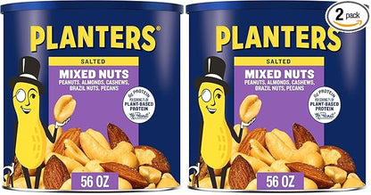 PLANTERS Salted MixedNuts, Peanuts, Almonds, Cashews,BrazilNuts and Pecans, PartySnack, Plant-Based Protein, Quick Snackfor Adults, After SchoolSnack, Bulk Nuts, Kosher,56oz Canister (Pack of 2)