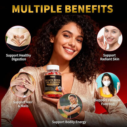 Black Seed Oil Gummies 500mg with Honey and 2% Thymoquinone, Nigella Sativa Seeds for Boost Immune Health, Joints, Digestion, Hair & Skin, Strawberry Flavor, 120 Count