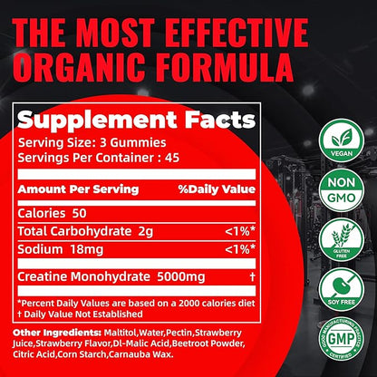 Natures Aid NSF Certified Creatine Gummy 5g - Creatine Monohydrate Gummies – Pre-Workout Energy & Muscle Growth Support for Men & Women | Strawberry Electrolyte Gummies (135 Count)