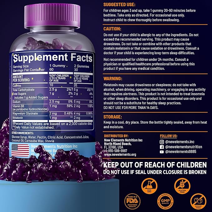 New Elements Melatonin Gummies Kids 2mg with Magnesium Glycinate & Vitamin B6 | Sleep Gummies for Kids | Dinosaur-Shaped Sleep Support | Natural Grape Flavor | Sugar Free | Non-GMO | Gluten Free