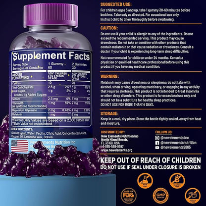 New Elements Melatonin Gummies Kids 2mg with Magnesium Glycinate & Vitamin B6 | Sleep Gummies for Kids | Dinosaur-Shaped Sleep Support | Natural Grape Flavor | Sugar Free | Non-GMO | Gluten Free