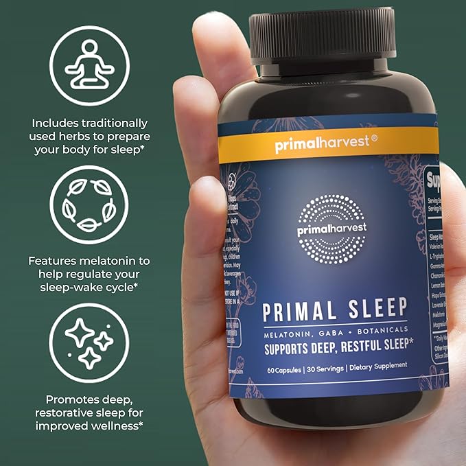 Primal Harvest 2 Pack, Primal Sleep, 120 Capsules with Valerian Root, L-Tryptophan, GABA, Chamomile, and Melatonin 3mg