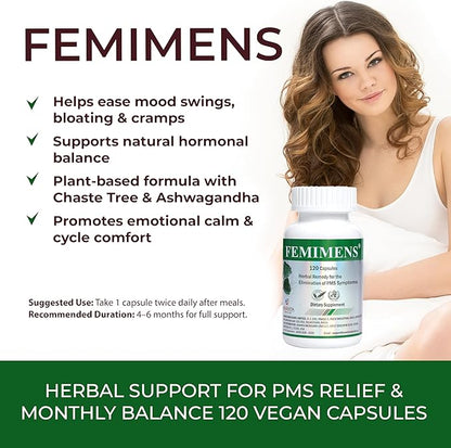 FEMIMENS – PMS Support Supplement for Women – PMS Relief for Women & Menstrual Cramp Relief – Hormonal Balance for Women – Chasteberry Vitex, Ashwagandha, Ginger, Fenugreek – 120 Vegan Capsules