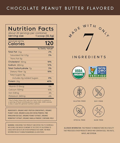 Truvani Organic Whey Protein Powder | Chocolate Peanut Butter | 20g Grass Fed Whey Protein | 20 Servings | USDA Organic & Non-GMO | Gluten Free | No Gums, No Soy, No Stevia, No Added Sugars