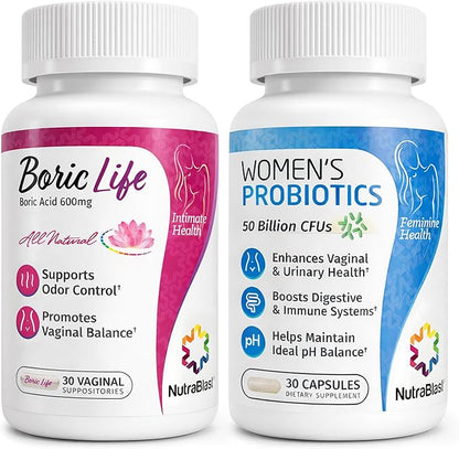 NutraBlast Boric Acid Suppositories Bundle with Women's Probiotics | Supports Odor Control | Digestive, UT & Intimate Health | Promotes Healthy Intimate Balance (30 Count)