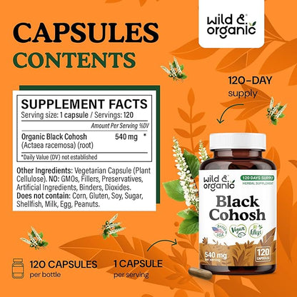 Wild & Organic Black Cohosh Capsules 540 mg - Menopause Supplements for Women - Black Cohosh Herb - 120 Days of Supply - Vegan, No Fillers, Non-GMO - 120 Count