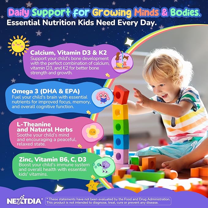 Kids Magnesium Glycinate Gummies + Calcium + Omega 3 - Kids Sleep & Calm Gummies, Melatonin Free Magnesium Gummies + L-theanine, B6, D3 & K2, Zinc, C for Restful Sleep, Bones, Brain & Immunity, 2 Pack