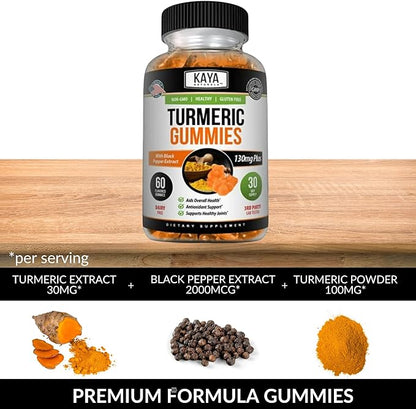 Kaya Naturals Turmeric Supplements Gummies, Pure Nature Turmeric Curcumin, Ginger Gummies - Black Pepper Extract - 60 Count