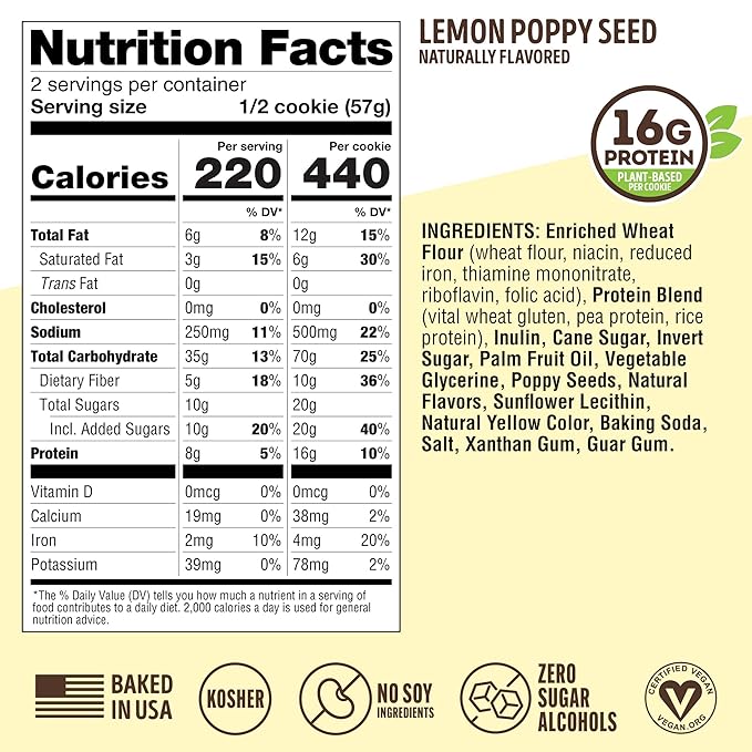 Lenny & Larry's Complete Protein Cookie,[Lemon Poppy Seed],Chewy Soft Baked,16g Plant Protein,Vegan,Non-GMO,High Fiber,4 Ounce Cookie,(Pack of 24)
