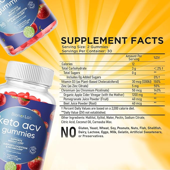 BionerLab Keto ACV Advanced Weight Loss Gummies - Apple Cider Vinegar Gummy for Belly Fat Burn - Support Metabolism Digestion Boost - Sugar Free with B12 B6 to Lose Weight & Ketogenic Diet Management
