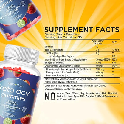 BionerLab Keto ACV Advanced Weight Loss Gummies - Apple Cider Vinegar Gummy for Belly Fat Burn - Support Metabolism Digestion Boost - Sugar Free with B12 B6 to Lose Weight & Ketogenic Diet Management