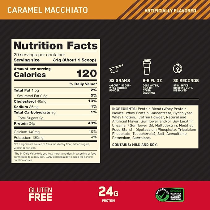 Optimum Nutrition New Flavor Gold Standard 100% Whey Protein Powder, Caramel Macchiato, 2 Pound (Pack of 1) (Packaging May Vary)