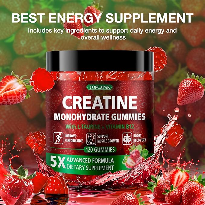 Creatine Gummies for Men & Women - Chewable Creatine Monohydrate Gummies with Taurine & Vitamin B12, 5g Creatine per Serving, Vegan, Strawberry Flavor, 120 Count