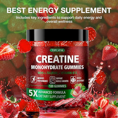 Creatine Gummies for Men & Women - Chewable Creatine Monohydrate Gummies with Taurine & Vitamin B12, 5g Creatine per Serving, Vegan, Strawberry Flavor, 120 Count