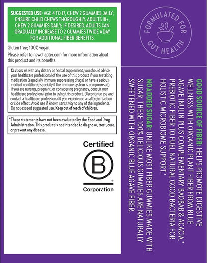New Chapter Organic Fiber Gummies for Adults & Kids (Age 4+), Plant-Based Prebiotic Fiber for Digestive Health, Vegan, Non-GMO, USDA Organic, Gluten Free, Citrus-Berry Flavored, 60 ct, (Pack of 2)