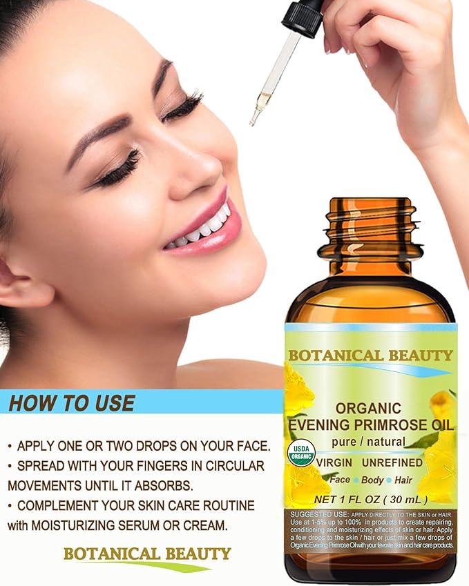 Botanical Beauty Organic EVENING PRIMROSE OIL 100% Pure Natural Undiluted Unrefined Virgin Cold Pressed Carrier Oil for face, skin, hair, nails (2 Fl Oz 60 ml)