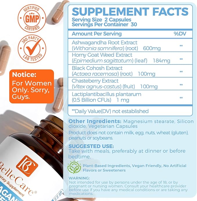BELLECARE Hormone Balance Capsules for Women, Cortisol Supplements, Female Menopause Supplement with Ashwagandha 600mg Per Serving,Chaste Berry,Black Cohosh for Stress, Mood, Sleep Support,60 Count