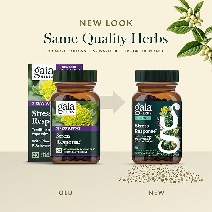 Gaia Herbs Stress Response Supplements - Supports Relaxation & Healthy Stress Response* - with Rhodiola, Holy Basil, Ashwagandha & More - 30 Vegan Liquid Phyto-Caps (15 Servings)