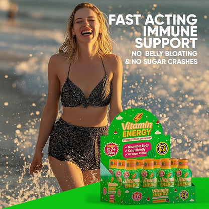 Vitamin Energy Immune+ Extra Strength Energy Shot Watermelon Burst 8 Pack, 260mg Natural Caffeine, B-Vitamins, Citicoline, Green Tea, Immunity & Focus Support, Zero Sugar, Gluten-Free 1.93 fl oz
