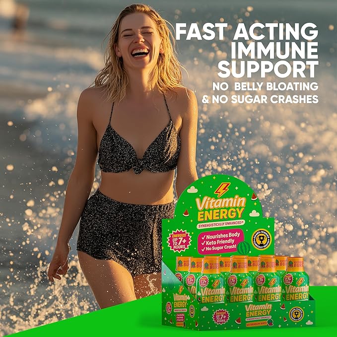 Vitamin Energy Immune+ Extra Strength Energy Shot Watermelon Burst 10 Pack, 260mg Natural Caffeine, B-Vitamins, Citicoline, Green Tea, Immunity & Focus Support, Zero Sugar, Gluten-Free 1.93 fl oz