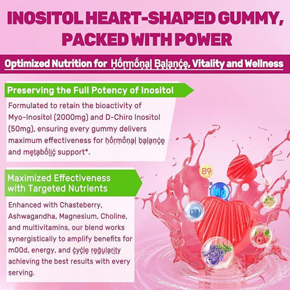 Inositol Gummies for Women + Chasteberry, Myo-Inositol & D-Chiro Inositol 2000mg + 50mg Ideal 40:1 Ratio with Methylated B12 & Folate, Choline, Magnesium,Vitamin D3 for Overall Health,Sugar Free,60Cts