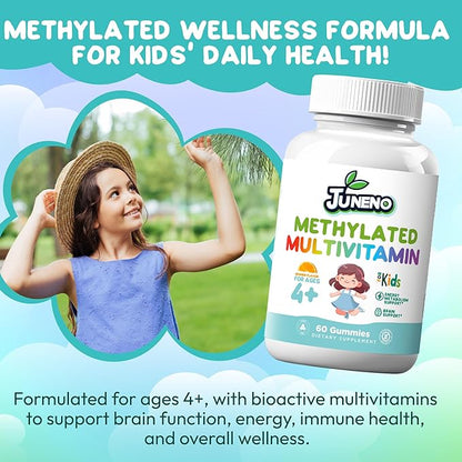 Methylated Multivitamin Gummies for Kids - MTHFR Support Supplement with B Complex 5-MTHF Folate (L-Methylfolate) B1 B3 B6 Methylcobalamin B12 Biotin Vitamins A C D3 E - Vegan Gluten Sugar Free
