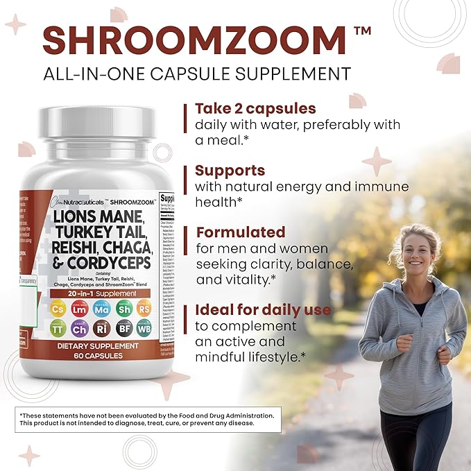 Clean Nutraceuticals Lions Mane 20in1 Mushroom Supplement with Turkey Tail Reishi Cordyceps Chaga Maitake Meshima Poria Cocos Shiitake Oyster Porcini Enoki - 3Pack
