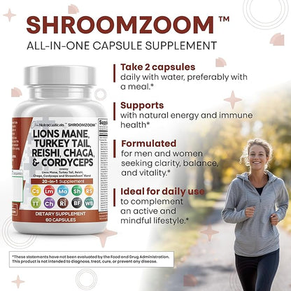 Clean Nutraceuticals Lions Mane 20in1 Mushroom Supplement with Turkey Tail Reishi Cordyceps Chaga Maitake Meshima Poria Cocos Shiitake Oyster Porcini Enoki - 3Pack