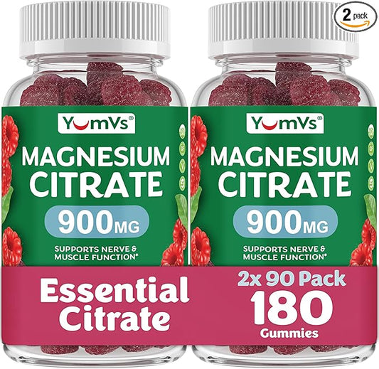 YUM-V'S Magnesium Citrate Gummies – 900mg Highly Absorbable Magnesium Gummies for Women & Men to Support Nerve, Muscle & Enzyme Function – Gluten-Free, Kosher & Raspberry Flavor 90 Count (Pack of 2)