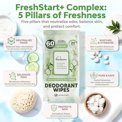 Deodorant Wipes for Women - Freshening Body Towelettes for Post-Workout, Travel, and Daily Deodorizing - On-the-Go Fresh Scent Cleansing Wipes, 60 Count (1 Pack)
