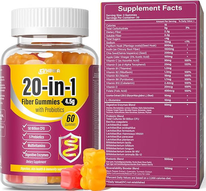Fiber Gummies for Adults Fiber Supplement 4.5g 20-in-1 Probiotic Gummies Inulin Prebiotic psyllium Husk Powder Organic Supplement, Support for Gut Digestive Health, 60-Count, Orange & Peach