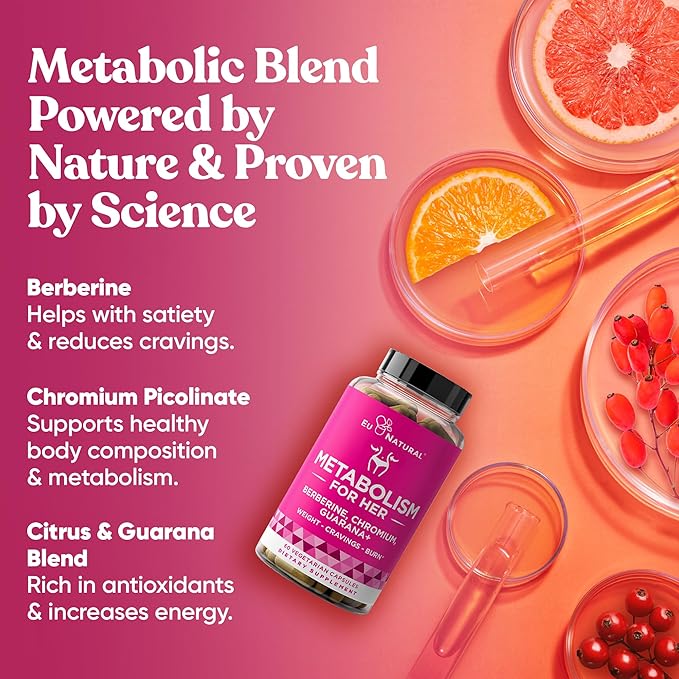Metabolism for Her - Appetite & Metabolism Support for Women - Curb Cravings, Reduce Caloric Intake & Promote Feelings of Fullness - Berberine, Chromium Picolinate & Guarana - 60 Veg Capsules