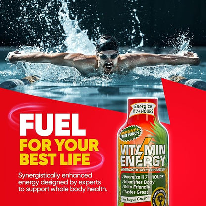 Vitamin Energy Immune+ Extra Strength Energy Shot Fruit Punch 24 Pack, 260mg Natural Caffeine, B-Vitamins, Citicoline, Green Tea, Immunity & Focus Support, Zero Sugar, Gluten-Free 1.93 fl oz