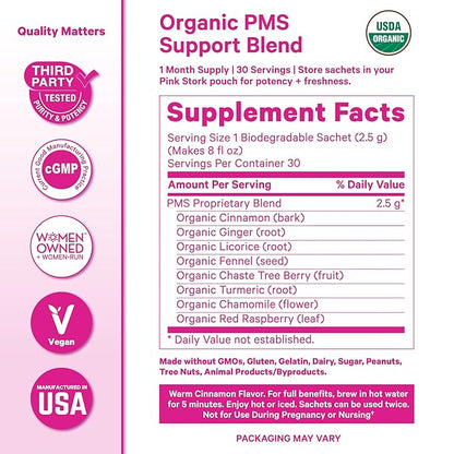 Pink Stork Organic PMS Tea for Hormone Balance, Mood Swings, Bloating, and Period Regularity - 8 Herbs - Vitex, Red Raspberry Leaf, Chamomile - Caffeine-Free - 15 Sachets, Hot or Iced