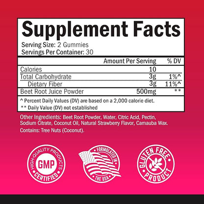 Sugar Free Beet Root Gummies - Nitric Oxide Gummies Infused with Coconut Oil for Highest Absorption - Supports Energy & Whole Body Health - Delicious Strawberry Flavor - 60 Count (30 Day Supply)