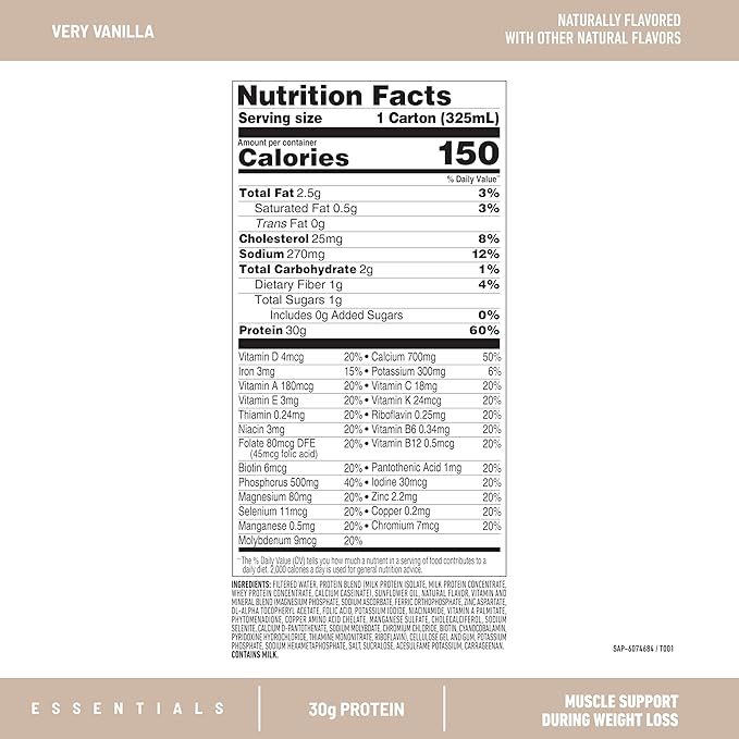 SlimFast Essentials 30g Vanilla Protein Shake, Protein Shakes Ready to Drink, Muscle Support, 1g Sugar, 24 Vitamins and Minerals, 1g Net Carbs, Very Vanilla, 12 Count