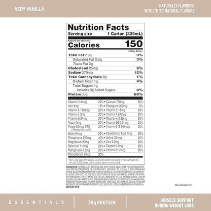 SlimFast Essentials 30g Vanilla Protein Shake, Protein Shakes Ready to Drink, Muscle Support, 1g Sugar, 24 Vitamins and Minerals, 1g Net Carbs, Very Vanilla, 12 Count