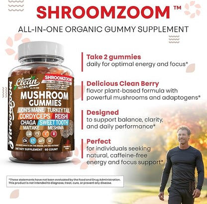 15in1 Mushroom Gummies with Lion's Mane Turkey Tail Cordyceps Reishi Chaga Sweet Toot Maitake Meshima Poria Cocos Shiitake Tremella, Oyster Agaricus Mushrooms for Men and Women Supplement Clean Nutra
