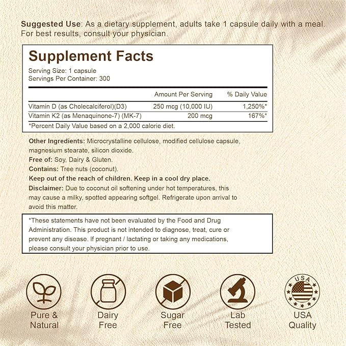 2-in-1 Vitamin D3 K2 Supplement Capsules, Vitamin D3 10000 IU and Vitamin K2 200 mcg, K2 MK7 with D3 Vitamin Supplement Support Immune, Heart, Joint, Teeth & Bone Health