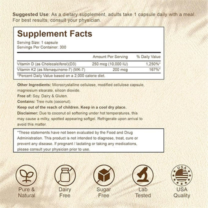 2-in-1 Vitamin D3 K2 Supplement Capsules, Vitamin D3 10000 IU and Vitamin K2 200 mcg, K2 MK7 with D3 Vitamin Supplement Support Immune, Heart, Joint, Teeth & Bone Health