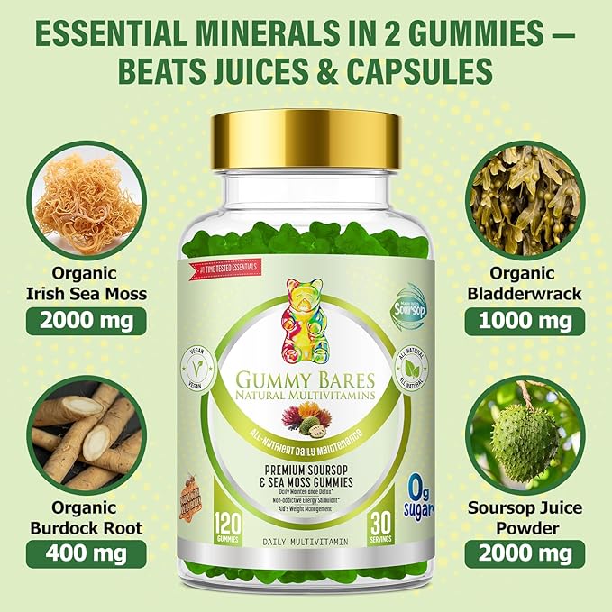 Sea Moss & Soursop Gummies - Organic Irish Sea Moss, Sour SOP Multivitamin, Soursop Bitters, Seamoss & Sea Grapes | Vegan, Sugar-Free (120 ct) | Gummy Bares