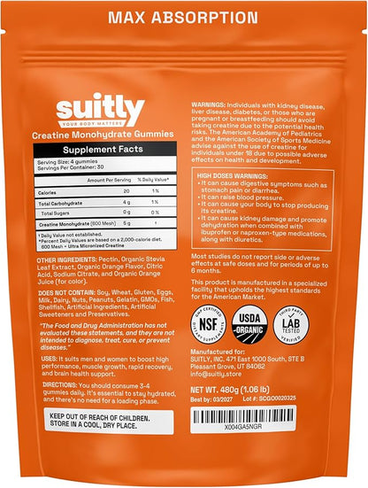 USDA Organic Ultra-Micronized Creatine Gummies for Men & Women; Orange Max Absorption 5g Creatine Gummies Sugar Free for Muscle Gain, Energy & Recovery; Muscle Builder for Women with Pouch - 120 Count