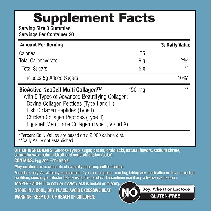NeoCell Multi Collagen Bio-Peptides Gummies | 60 ct | Tropical Flavor | Type I, II, III, V, X | Advanced BioActive Formula